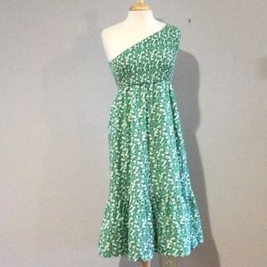 Deep Self Floral One Shoulder Smocked A-line Midi Dress Size M